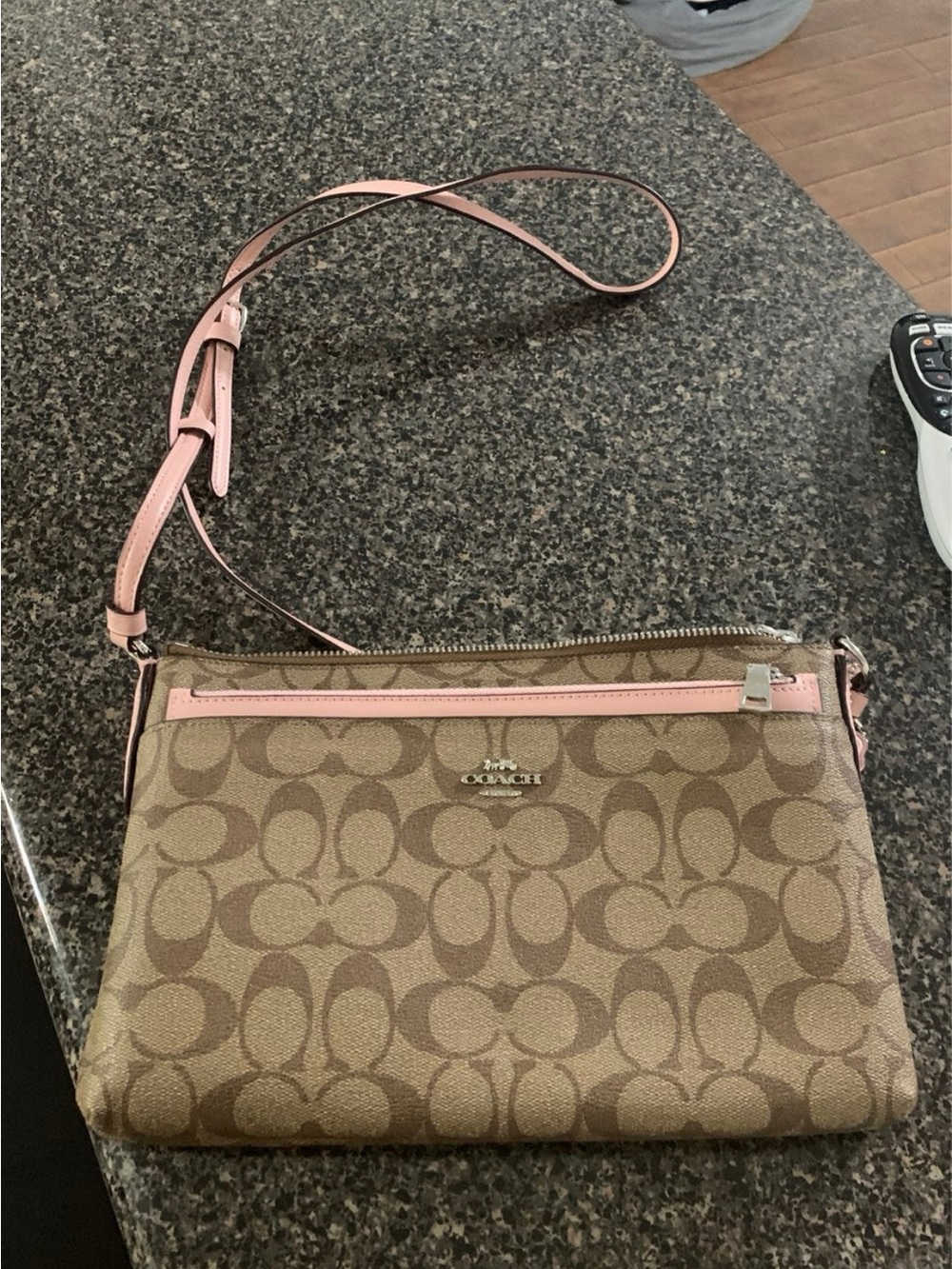 Coach Khaki Signature Crossbody with Pink Trim